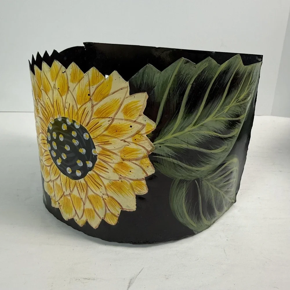 Hand Painted JJ Sunflower Wall Basket Planter Small Metal Yellow‎ Toleware